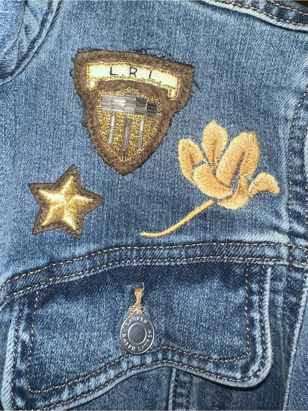 Ralph Lauren Denim Military Star Embroidered Flower Collector Jean Jacket Sz 14 - Picture 7 of 12